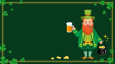 Leprechaun holding Beer mug and pot of gold - St. Patrick's Day Greeting card, copy space layout Designのイラスト素材