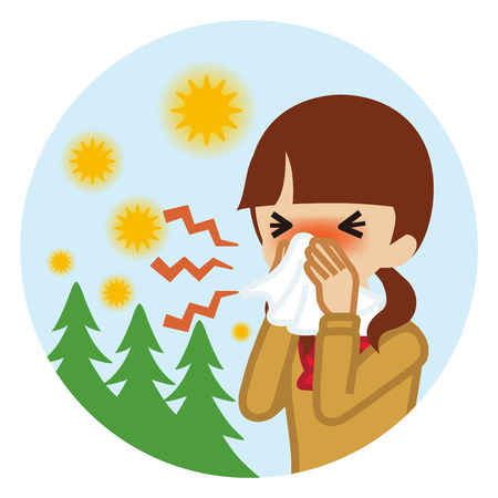 Female student blowing nose with a tissue - Hay fever concept artのイラスト素材