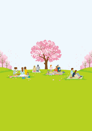People picnic in spring nature - Vertical layoutのイラスト素材