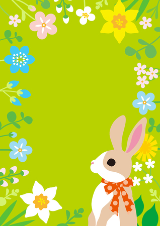 Easter bunny and spring wildflowers round frame background, green color - copy space layout designのイラスト素材