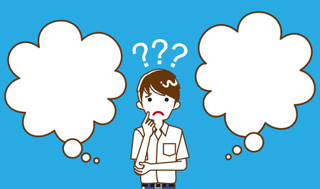 Japanese male high school student who has doubt something with two blank thought bubbles, line artのイラスト素材
