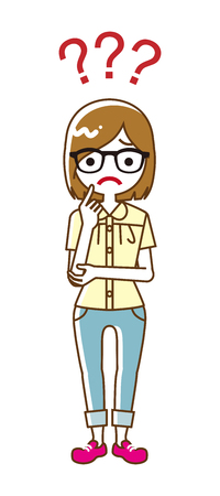 Female university student who has doubt something with three question marks -full length, line artのイラスト素材