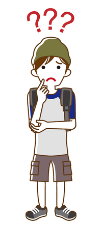 Male university student who has doubt something with three question marks -full length, line artのイラスト素材