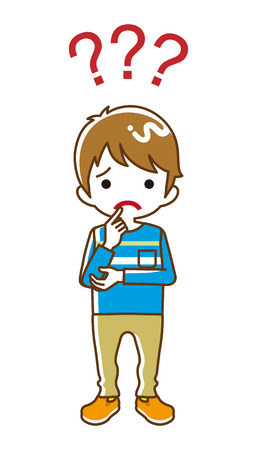Toddler boy who has doubt something with three question marks -full length, line artのイラスト素材