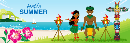 Two hula dancers dancing in the tropical beach - Included words âHello Summer"のイラスト素材