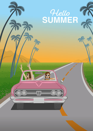 Two young women enjoying summer drive by the pink convertible in roadway at sunset - Included words Hello Summer"のイラスト素材