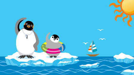 Penguin family exercising before the sea bathingのイラスト素材
