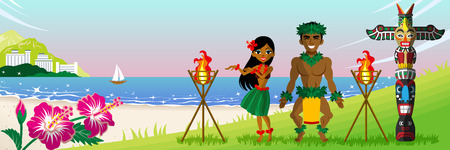 Two hula dancers dancing in the tropical beach at sunsetのイラスト素材