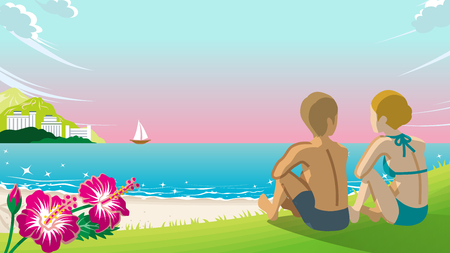 Young couple sitting to view sunset in the summer beachのイラスト素材