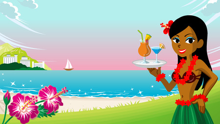 Female hula dancer serving cold drinks in the tropical beach at sunsetのイラスト素材