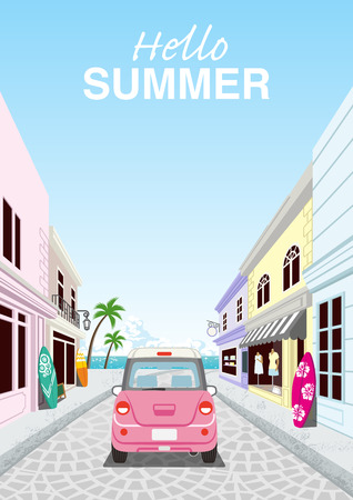 Driving retro pink car in the Seaside street - Included words âHello Summerâ ,rear viewのイラスト素材