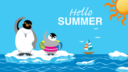 Penguin family exercising before the sea bathing - Included words âHello Summer"のイラスト素材
