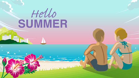 Young couple sitting to view sunset in the summer beach  - Included words âHello Summer"のイラスト素材