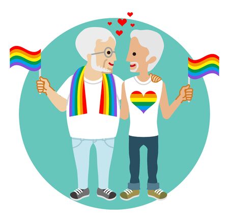 Senior gay couple holding rainbow flags - LGBT parade concept image clipartのイラスト素材