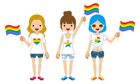 Three young girls holding rainbow flags - LGBT parade concept clipartのイラスト素材