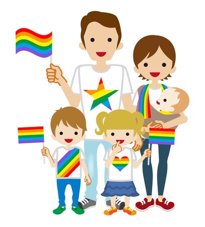 Young family wearing rainbow goods and holding flags - LGBT parade concept artのイラスト素材