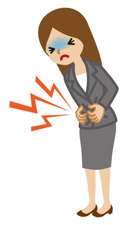 Businesswoman suffering from stomach ache - flu symptom clip art, full lengthのイラスト素材