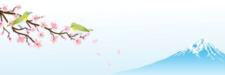Mt.Fuji and Little birds perching on the Cherry blossom twigのイラスト素材