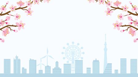 Cherry blossom twigs and silhouette of cityscapeのイラスト素材