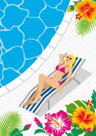 Bikini woman lying down on the deck chair, poolside tropical plants backgroundのイラスト素材