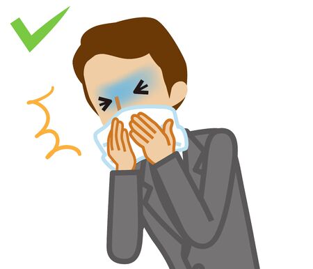 Coughing businessman covered mouth by a handkerchief - waist up , cartoon styleのイラスト素材