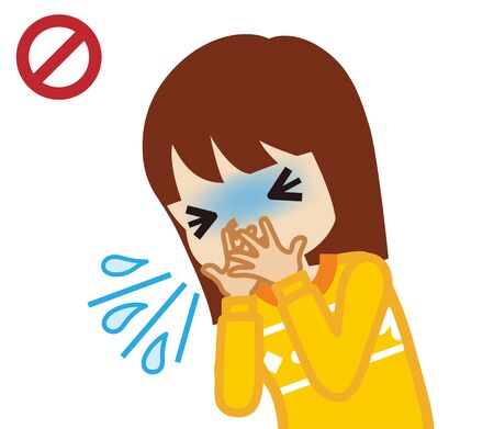 Coughing toddler girl covered mouth by hands - waist up , cartoon styleのイラスト素材
