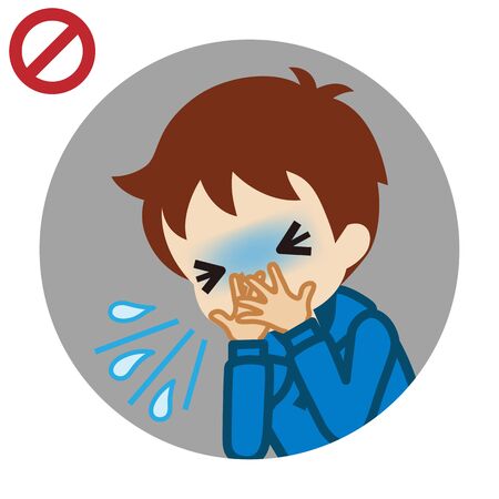 Coughing toddler boy covered mouth by hands - circular icon , cartoon styleのイラスト素材