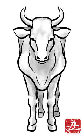 Monochrome ox, front view - Year of the ox, Chinese zodiac sign clip artのイラスト素材