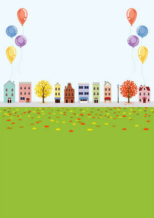 Old style town in autumn, balloon decoration - vertical layoutのイラスト素材