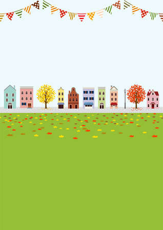 Old style town in autumn, bunting decoration- vertical layoutのイラスト素材