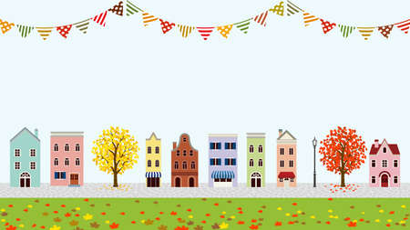 Old style town in autumn - bunting decorationのイラスト素材