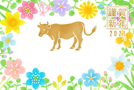 2021 year of the ox new year card - cattle and wildflower frame, watercolor styleのイラスト素材