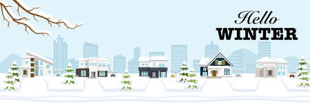 Winter suburb townscape, banner ratio - Included words "Hello WINTER"のイラスト素材
