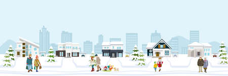 People in the winter suburb townscape, banner ratioのイラスト素材