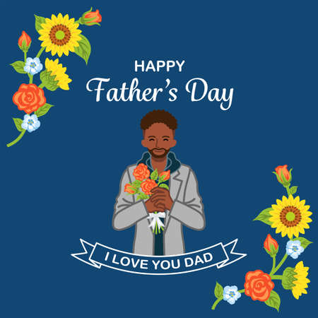 African ethnic man holding rose bouquet - Father's day design template, square ratioのイラスト素材