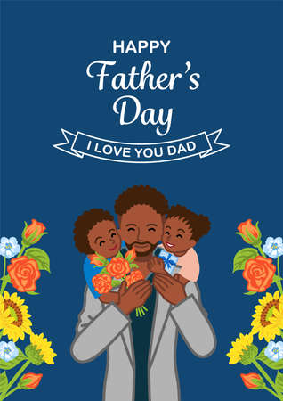 African ethnic father and two children - Father's day design template, Verticalのイラスト素材
