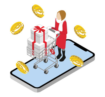 Online shopping and bonus points concept art - woman carrying a shopping cart which loaded gift boxes, point coins fly out from a cell phoneのイラスト素材