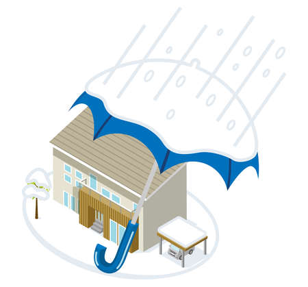 Umbrella protects home from snowstorm - Home insurance concept art, isometric viewのイラスト素材