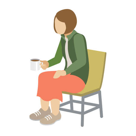 Woman sitting in a chair, holding a coffee mug - long sleevesのイラスト素材