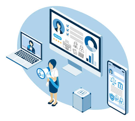 Female candidate spreading a political opinion using internet by various digital deviceのイラスト素材