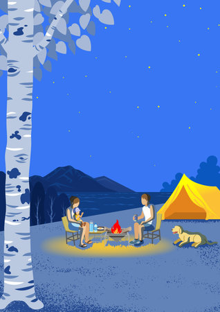 Young family and their dog enjoying night camp in summer - Verticalのイラスト素材