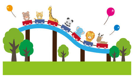 Illustration set of cute animals playing in the amusement parkのイラスト素材