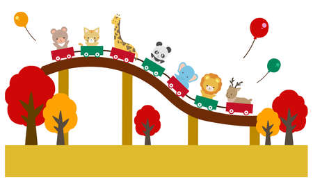 Illustration set of cute animals playing in the amusement parkのイラスト素材