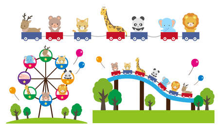 Illustration set of cute animals playing in the amusement parkのイラスト素材