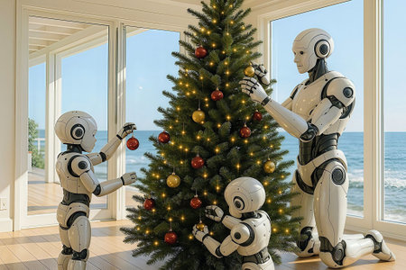 Android Family Decorating a Christmas Tree. An android parent and their small children decorate a Christmas tree in a bright oceanfront house filled with warmth and holiday light.の素材
