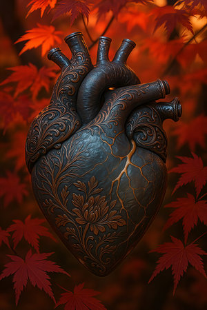 Golden Kintsugi Heart Ceramic Sculpture. Elegant heart-shaped sculpture repaired with golden kintsugi lines, symbolizing healing, beauty in imperfection, and emotional strength.の素材