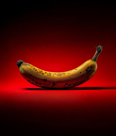 Overripe Banana on Red Background. Single overripe banana with dark spots lying on a vivid red background, symbolizing imperfection, decay, and contrast in everyday life.の素材