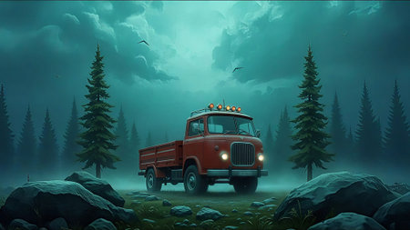 Fantastic landscape with a fire truck in the forest in the fog. Illustration.の素材