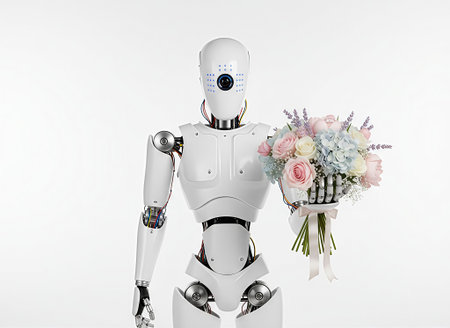 Robot holding bouquet of flowers on white background. 3D renderingの素材