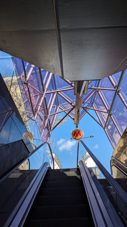 03/24/2024. Poland. Warsaw. Modern Architecture of Warsaw Metro. Futuristic design of Warsaw metro station with bright lights, clean lines, and modern architectural details showiのeditorial素材